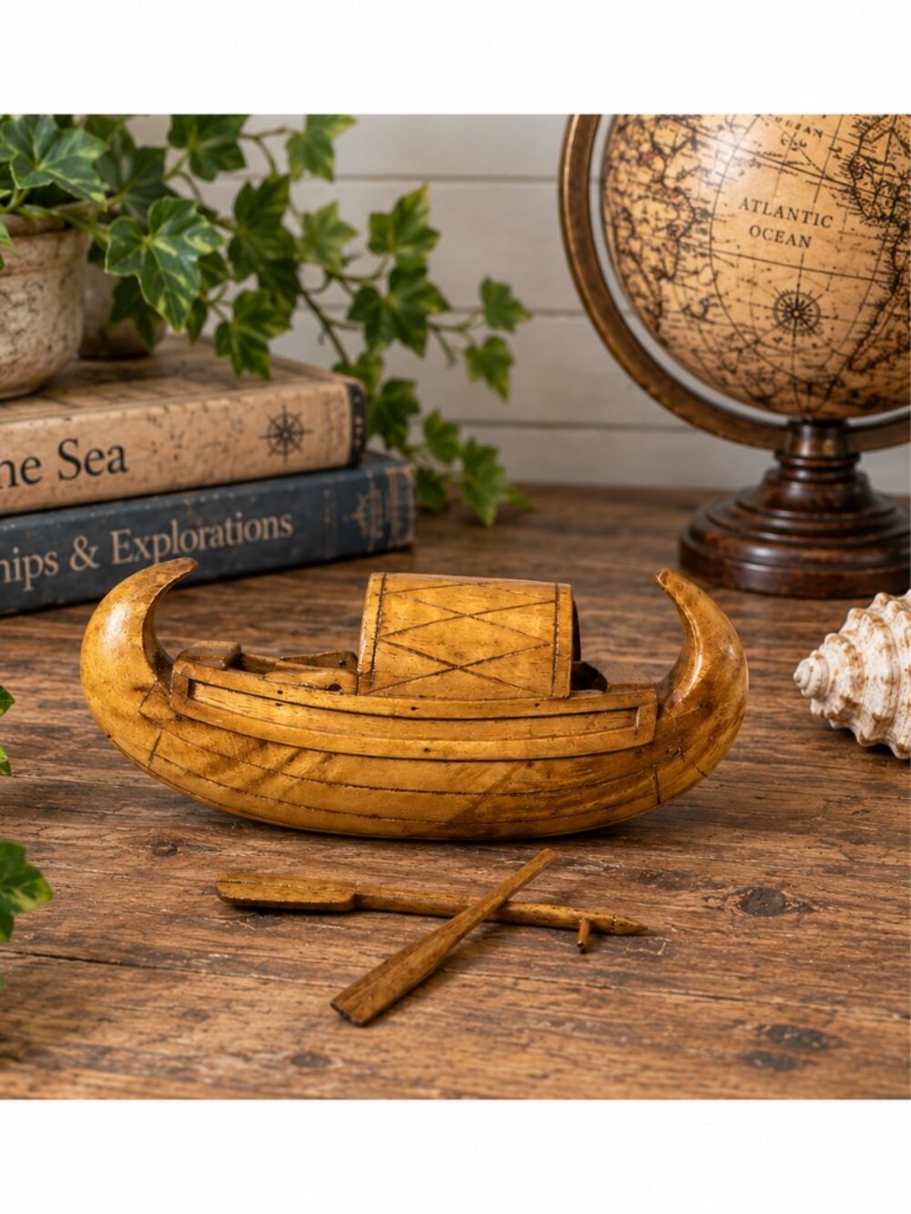 Wooden Covered Boat Model Gondola Style Folk Art with Oars 5"